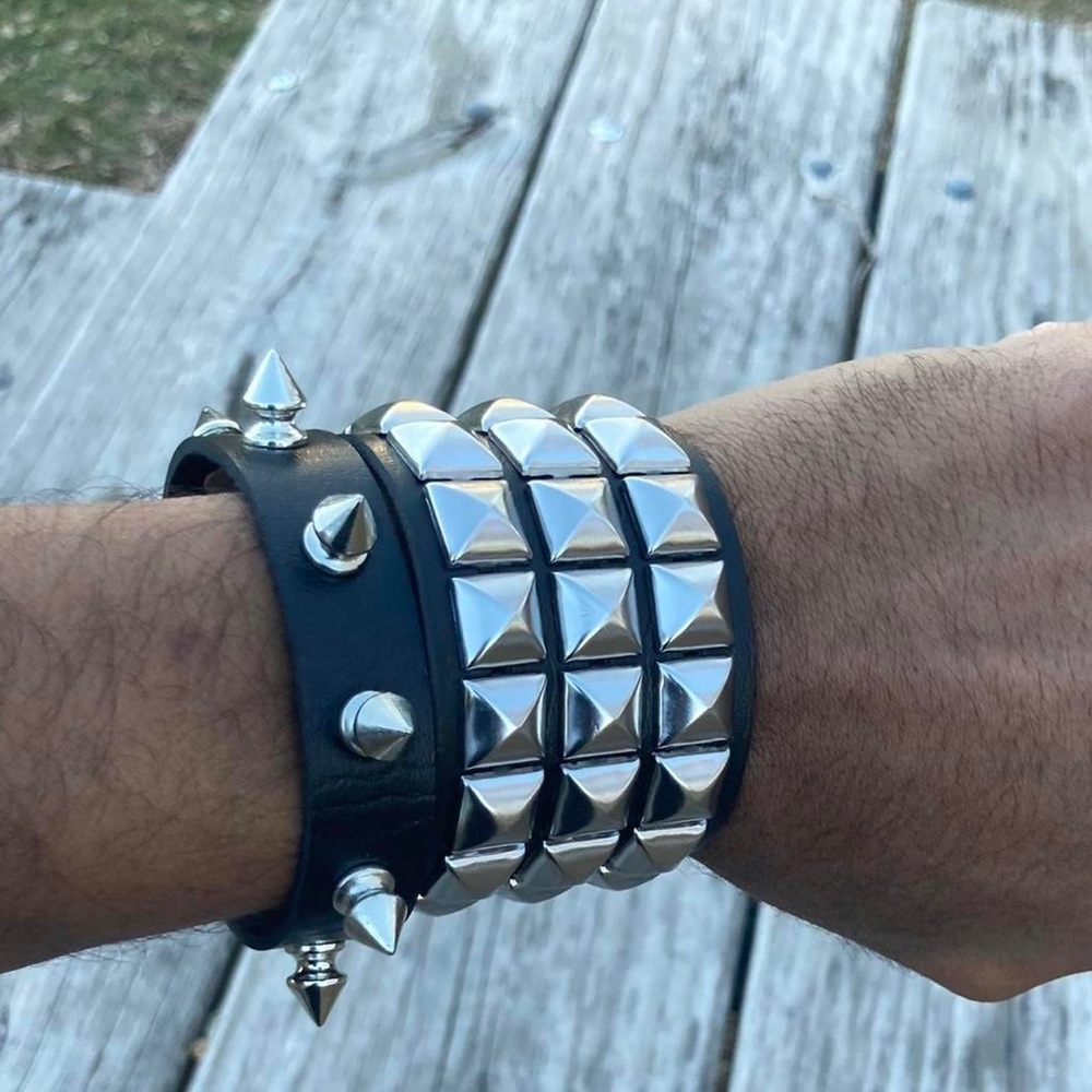 2 PCs Punk faux leather silver studded Spiked Bracelets - Punk gothic emo